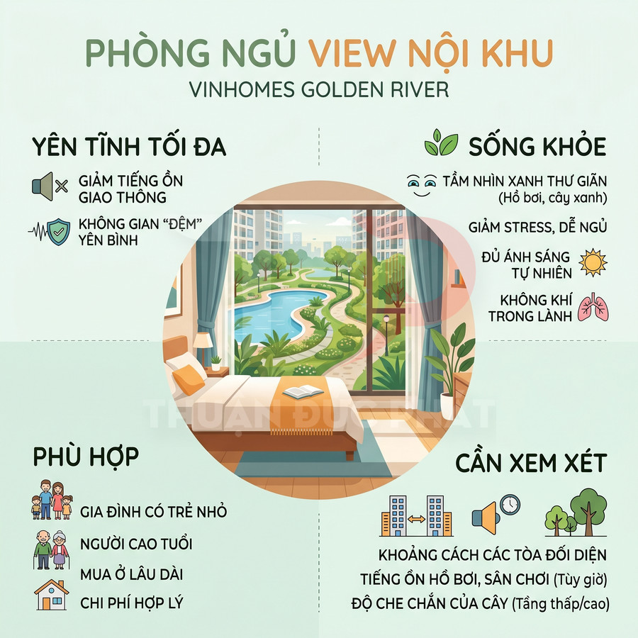 Phòng ngủ căn hộ Vinhomes Golden River view nội khu hồ bơi cây xanh yên tĩnh và nhiều ánh sáng tự nhiên