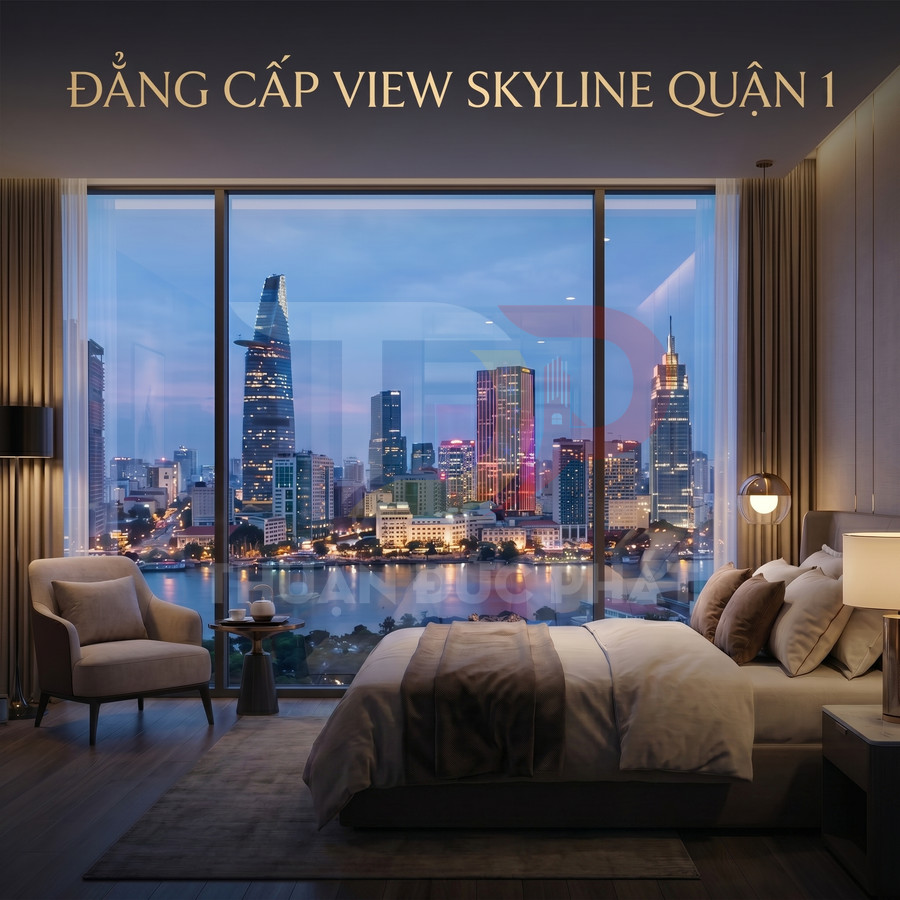 Phòng ngủ cao cấp với giường đôi, ghế sofa và cửa kính lớn nhìn ra skyline Quận 1 Sài Gòn