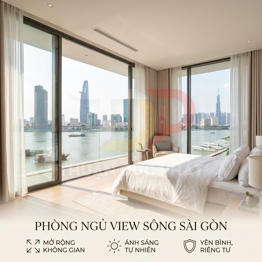Phòng ngủ cao cấp cửa kính lớn view sông Sài Gòn và skyline thành phố, nội thất sáng hiện đại