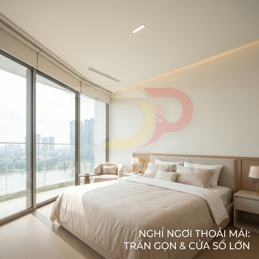 Phòng ngủ hiện đại với giường đôi ga màu be, cửa kính lớn nhìn ra thành phố và nội thất gỗ sáng