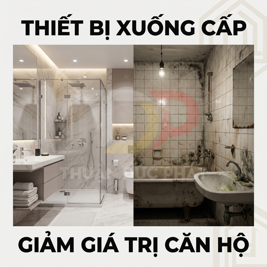 So sánh phòng tắm mới với thiết bị vệ sinh hiện đại và phòng tắm cũ xuống cấp, ố mốc, thiết bị rỉ sét