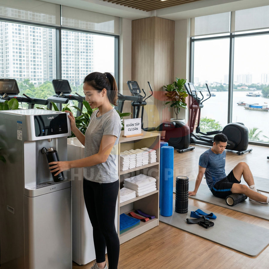 Máy lọc nước Lavit trong phòng gym, cô gái đang lấy nước vào bình sau khi tập luyện
