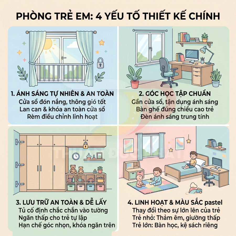 Minh họa phòng trẻ em với 4 khu vực thiết kế: cửa sổ an toàn, góc học tập, tủ lưu trữ và khu vui chơi nghỉ ngơi