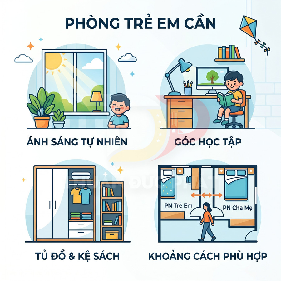Minh họa phòng trẻ em với ánh sáng tự nhiên, góc học tập, tủ quần áo kệ sách và khoảng cách phòng ngủ phù hợp
