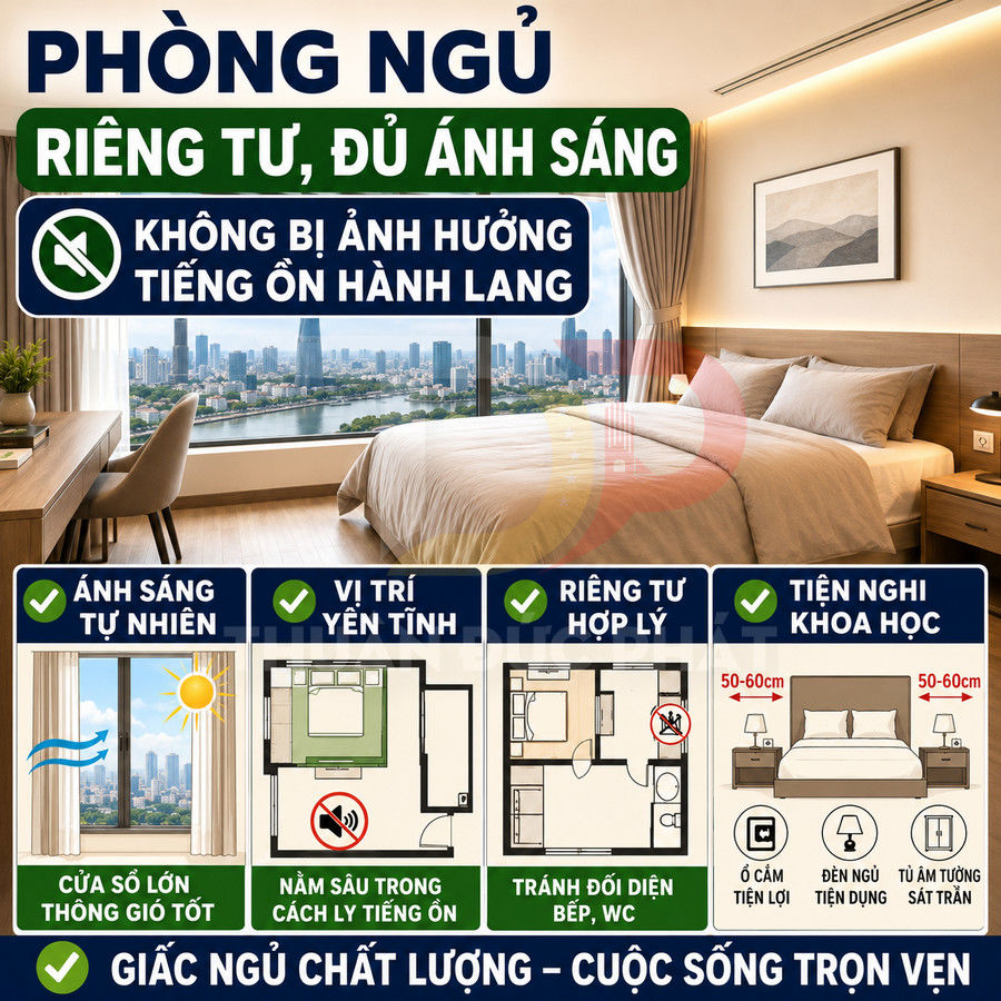Phòng ngủ chung cư hiện đại với giường đôi, cửa sổ lớn view thành phố, nội thất gỗ tiện nghi và nhiều ánh sáng tự nhiên