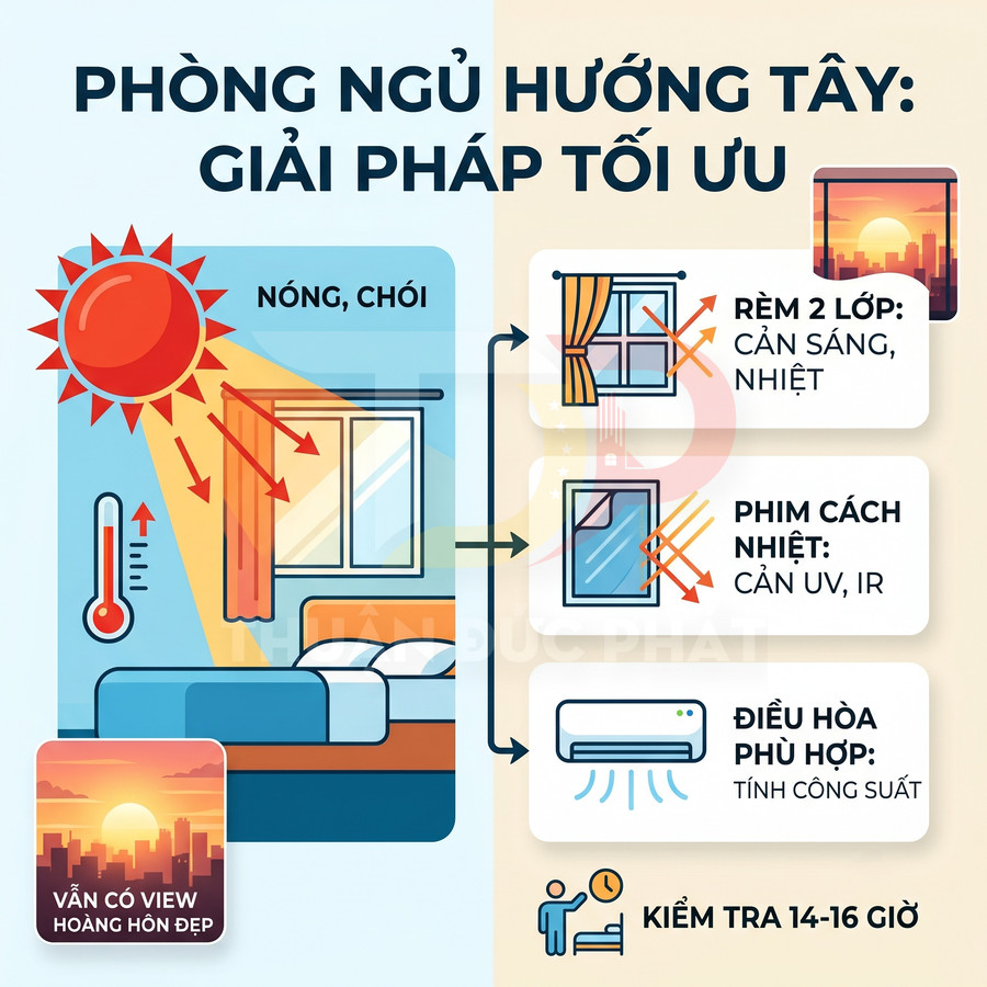 Giải pháp chống nóng cho phòng ngủ hướng tây với rèm 2 lớp, phim cách nhiệt và điều hòa phù hợp