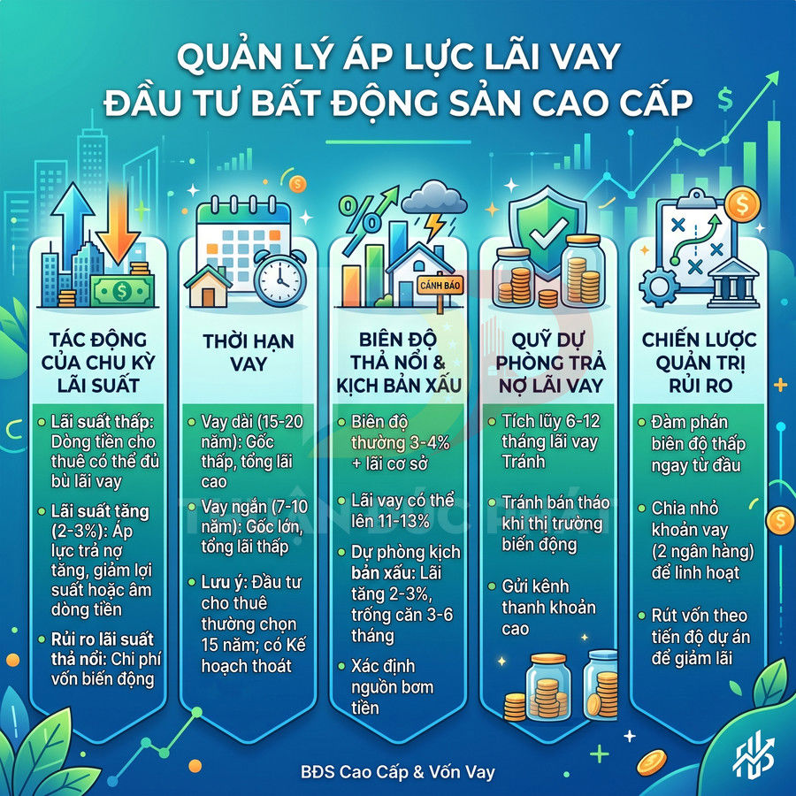 Infographic quản lý áp lực lãi vay khi đầu tư bất động sản cao cấp với các chiến lược giảm rủi ro