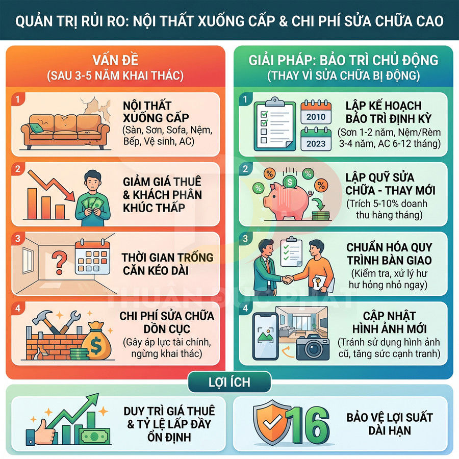 Infographic quản trị rủi ro nội thất xuống cấp và giải pháp bảo trì chủ động cho căn hộ cho thuê