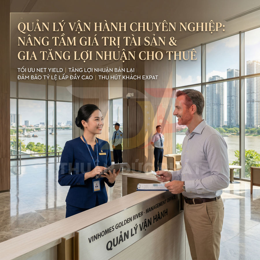 Nhân viên lễ tân Vinhomes Golden River tư vấn khách nước ngoài tại quầy quản lý vận hành tòa nhà hiện đại