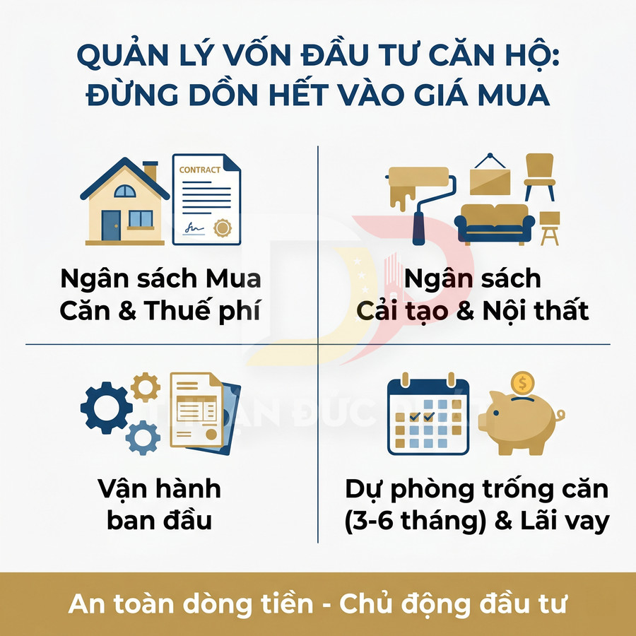 Infographic quản lý vốn đầu tư căn hộ với các hạng mục ngân sách mua, cải tạo nội thất, vận hành và dự phòng trống căn