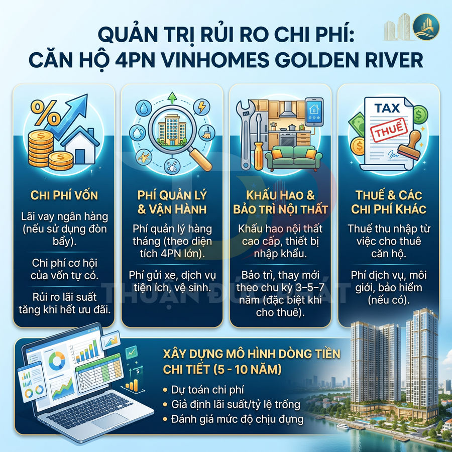Infographic quản trị rủi ro chi phí khi đầu tư căn hộ 4 phòng ngủ Vinhomes Golden River với các loại chi phí chính