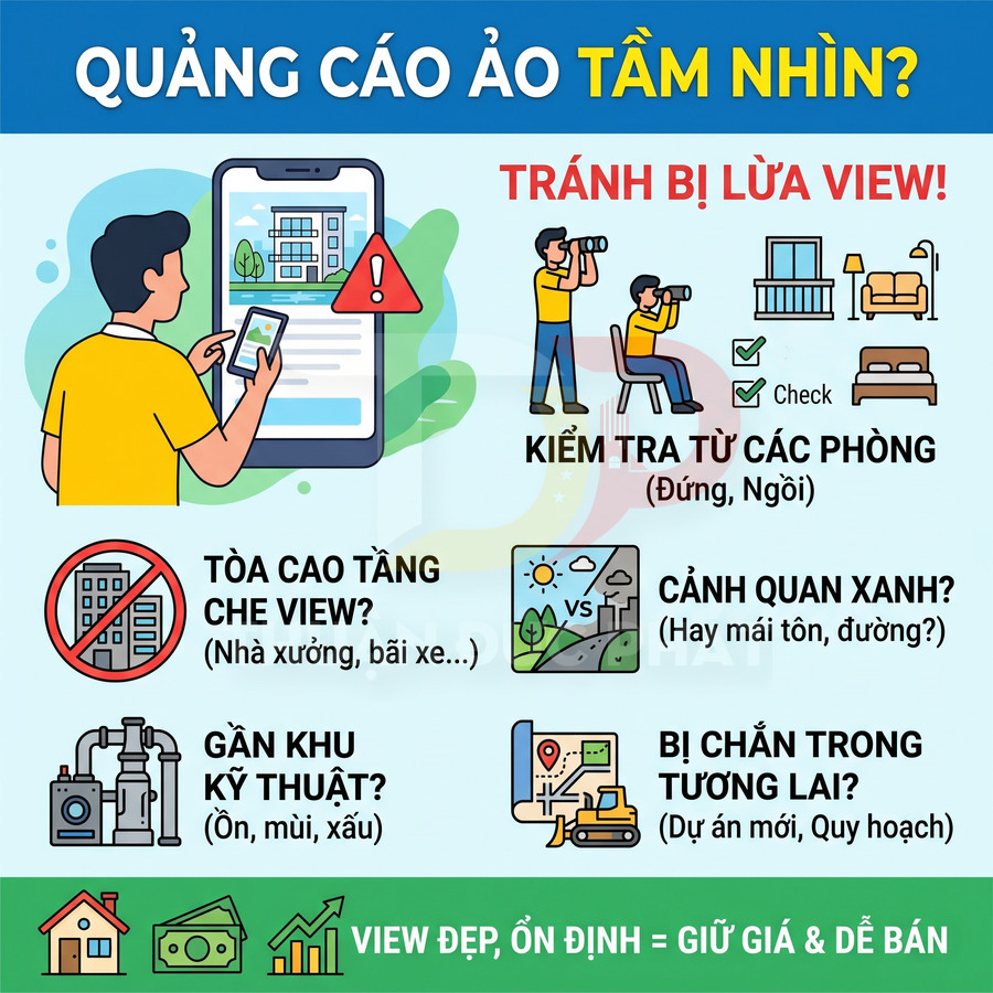 Infographic cảnh báo quảng cáo ảo tầm nhìn căn hộ, hướng dẫn kiểm tra view và các yếu tố che chắn khi mua nhà