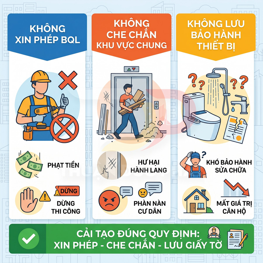 Infographic cảnh báo các lỗi khi cải tạo căn hộ chung cư và hướng dẫn xin phép che chắn lưu giấy tờ