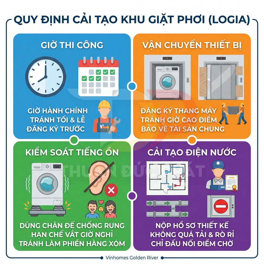 Quy định cải tạo khu giặt phơi logia với máy giặt, thang máy, kiểm soát tiếng ồn và an toàn điện nước