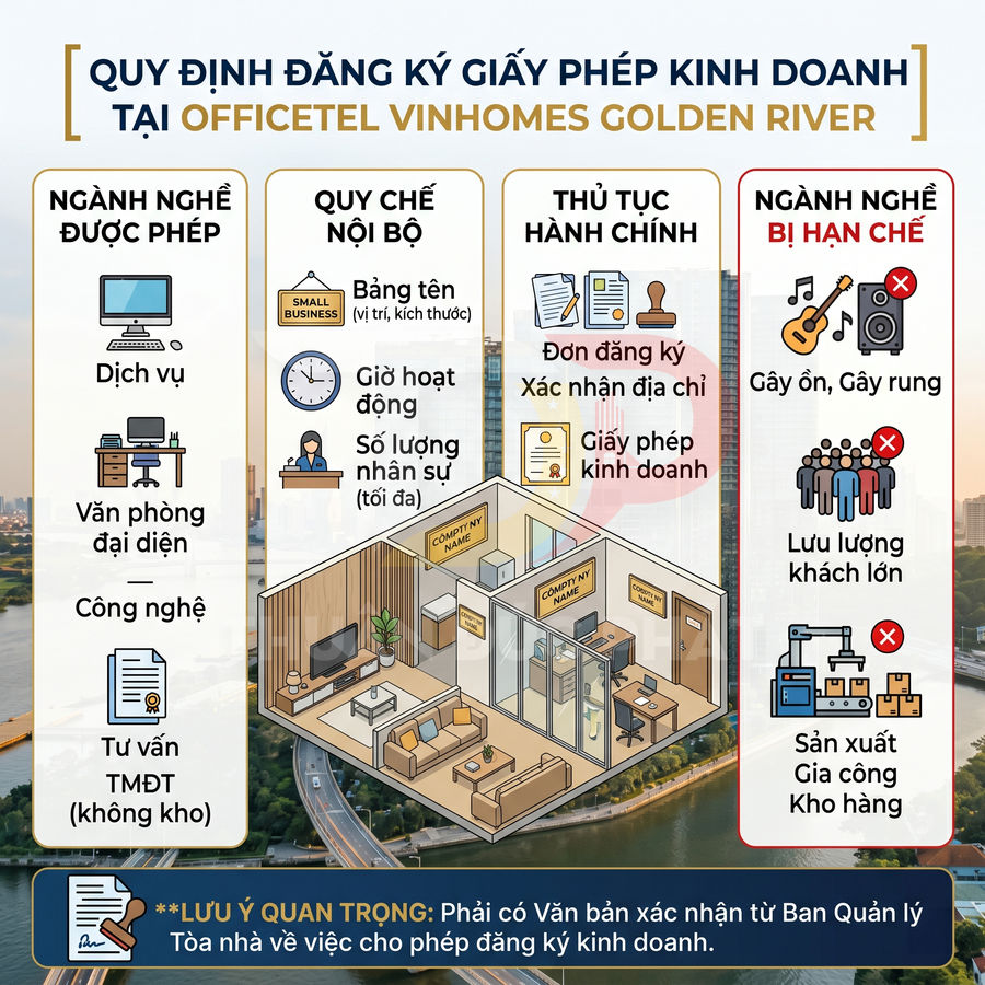 Quy định đăng ký giấy phép kinh doanh tại officetel Vinhomes Golden River và các ngành nghề được phép, bị hạn chế