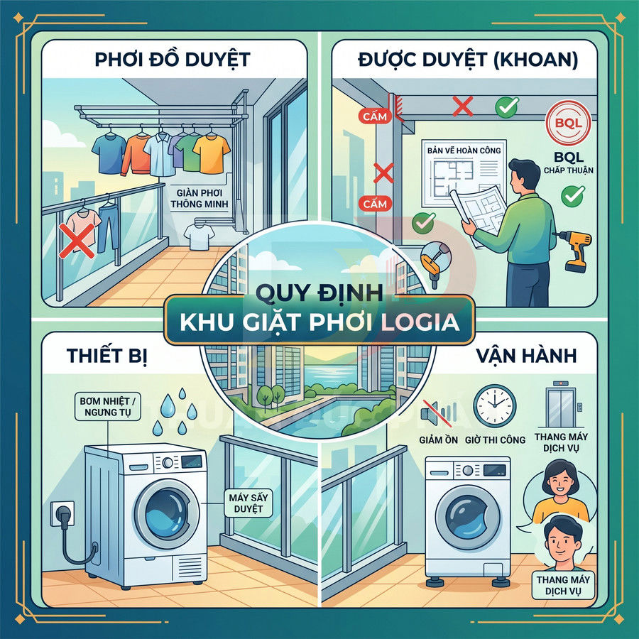 Minh họa quy định khu giặt phơi logia với máy giặt, máy sấy, giàn phơi thông minh và hướng dẫn sử dụng an toàn