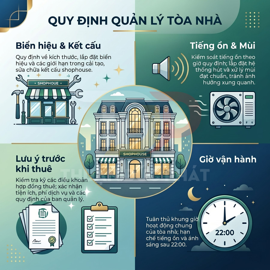Infographic quy định quản lý tòa nhà shophouse về biển hiệu kết cấu, tiếng ồn mùi, lưu ý trước khi thuê và giờ vận hành