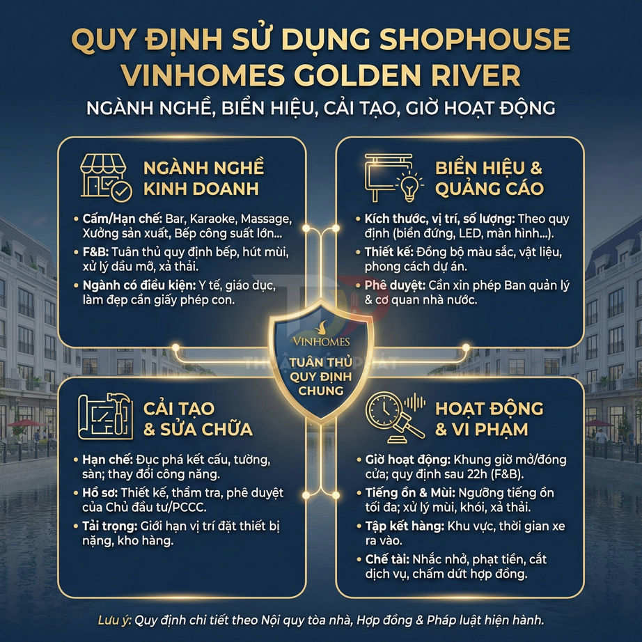 Quy định sử dụng shophouse Vinhomes Golden River về ngành nghề, biển hiệu, cải tạo và giờ hoạt động