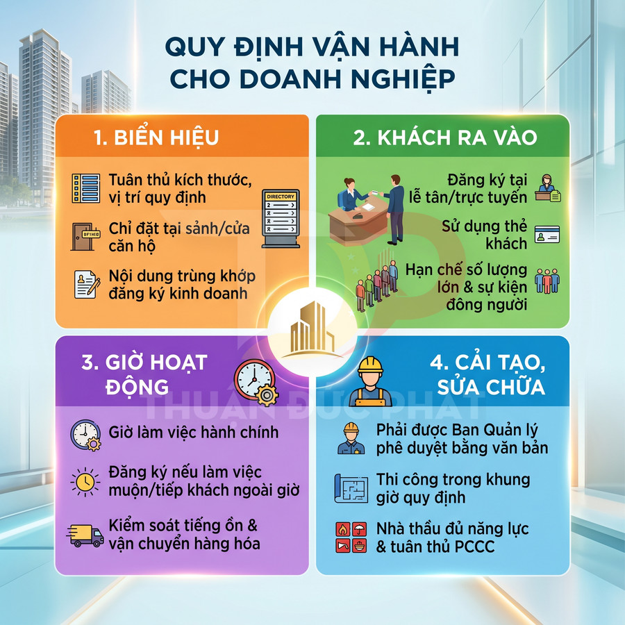 Quy định vận hành cho doanh nghiệp với 4 mục về biển hiệu, khách ra vào, giờ hoạt động và cải tạo sửa chữa