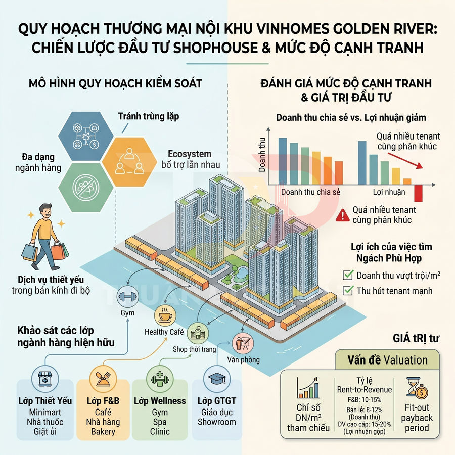 Infographic quy hoạch thương mại nội khu Vinhomes Golden River, chiến lược đầu tư shophouse và đánh giá mức độ cạnh tranh