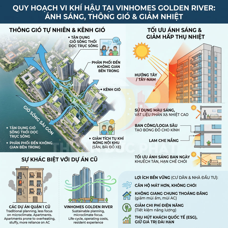 Infographic quy hoạch vi khí hậu dự án Vinhomes Golden River với giải pháp thông gió, tối ưu ánh sáng và giảm hấp thụ nhiệt