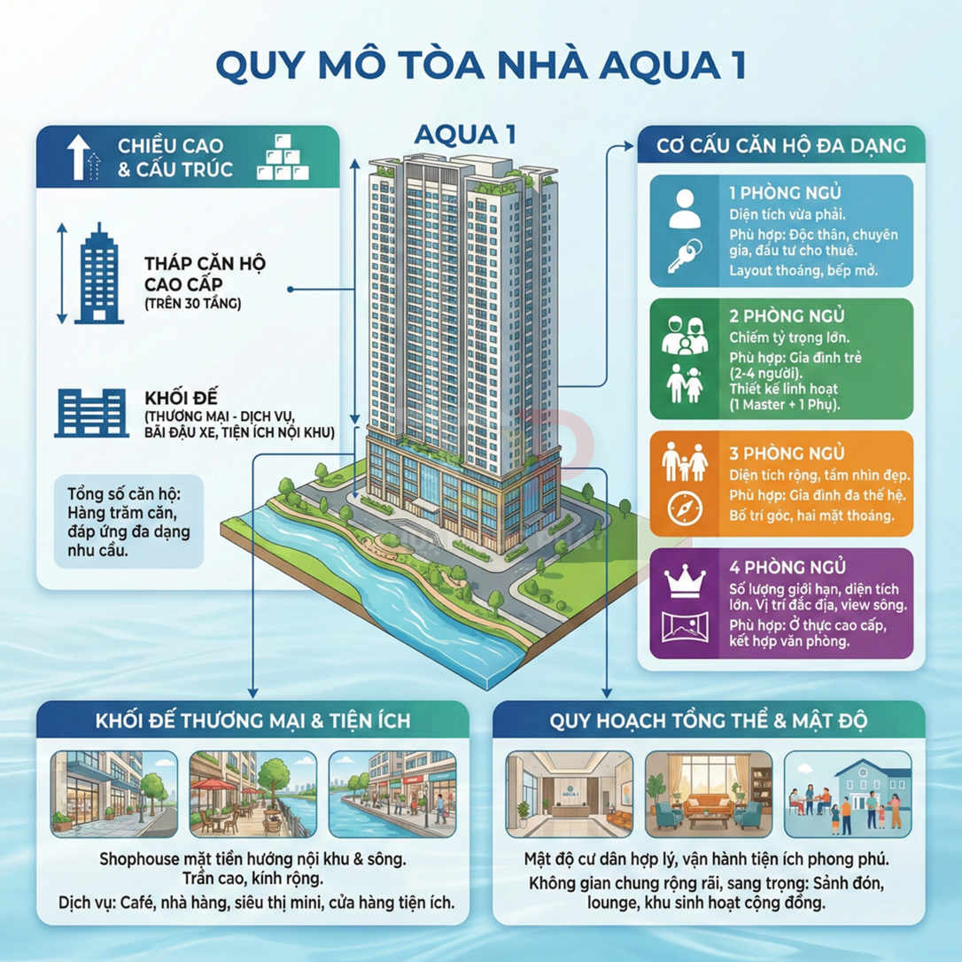 Phối cảnh tòa nhà chung cư cao tầng Aqua 1 với khối đế thương mại và tiện ích ven sông