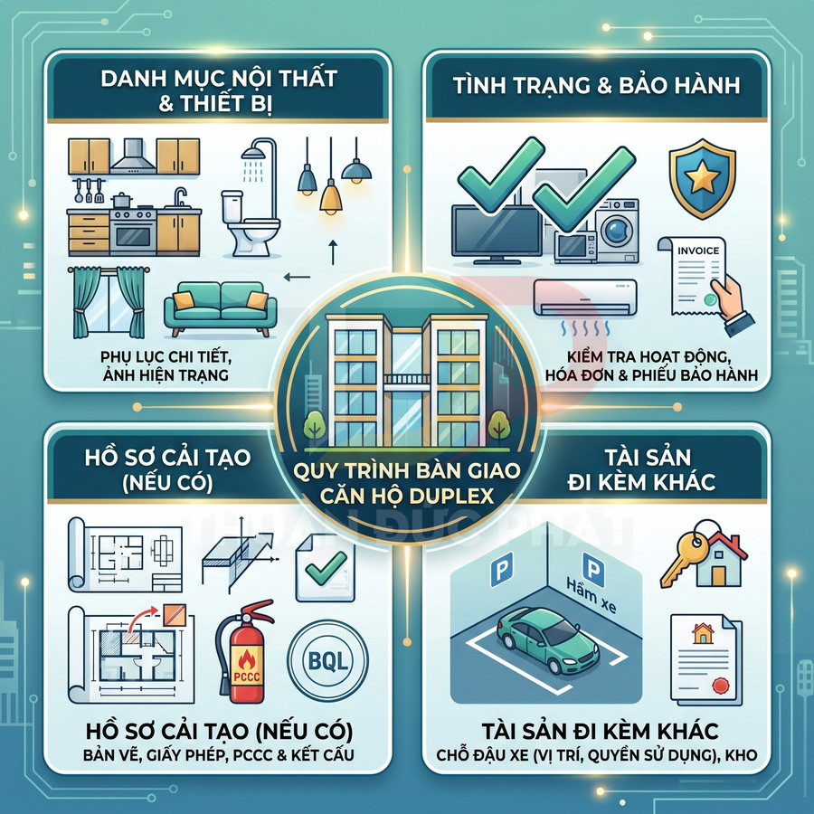 Quy trình bàn giao căn hộ duplex với danh mục nội thất, tình trạng bảo hành, hồ sơ cải tạo và tài sản đi kèm