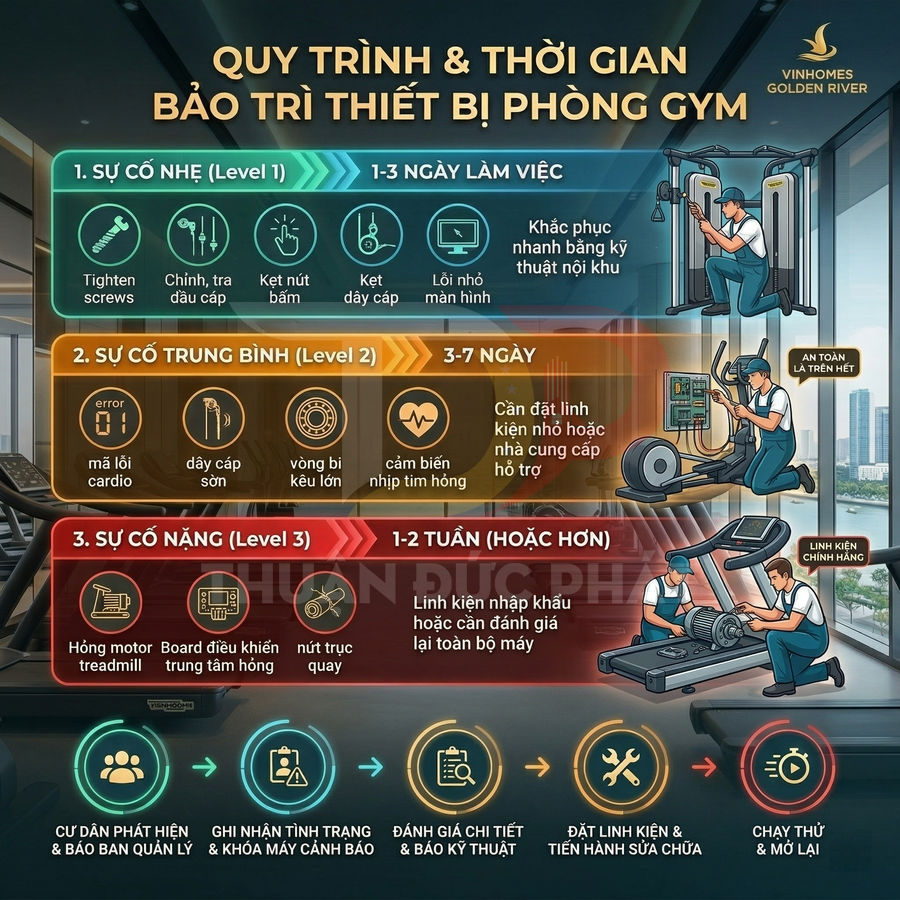 Quy trình và thời gian bảo trì thiết bị phòng gym Vinhomes Golden River với các mức độ sự cố và bước xử lý