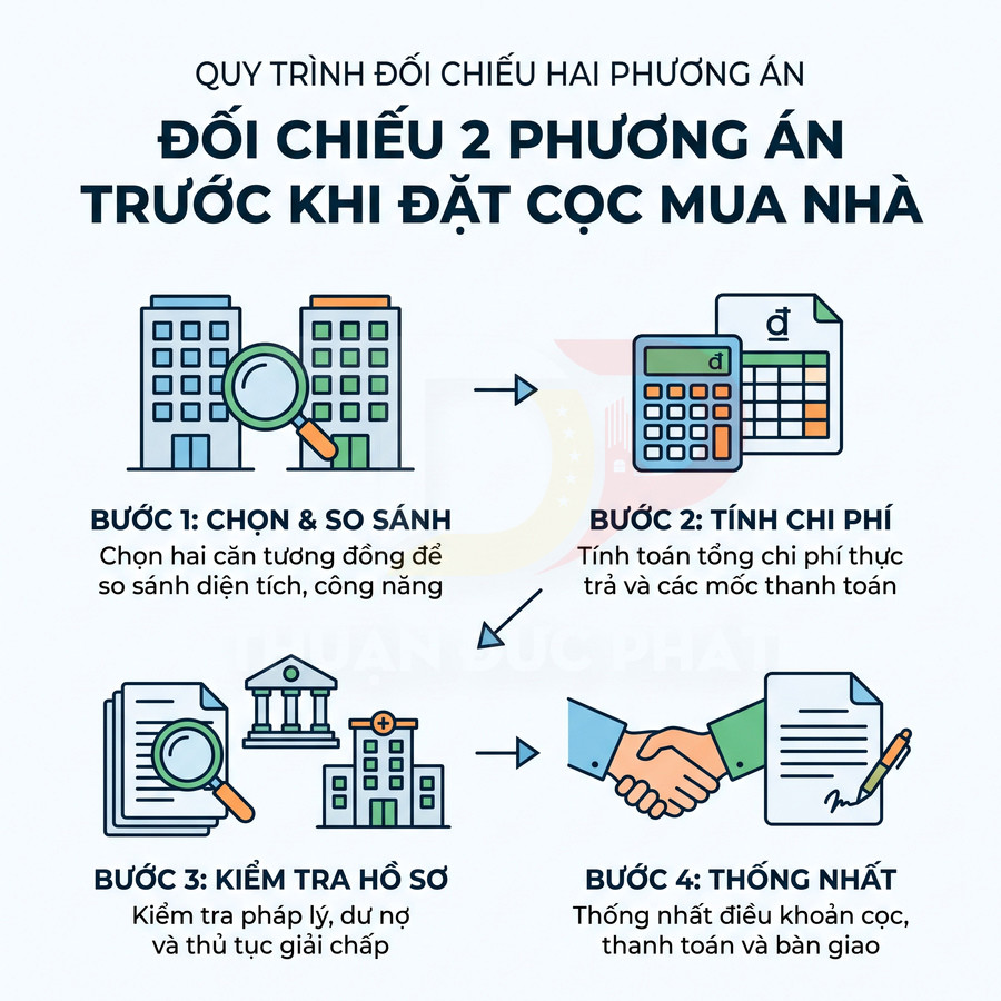 Quy trình so sánh hai căn nhà, tính chi phí, kiểm tra hồ sơ pháp lý và thống nhất điều khoản đặt cọc mua nhà