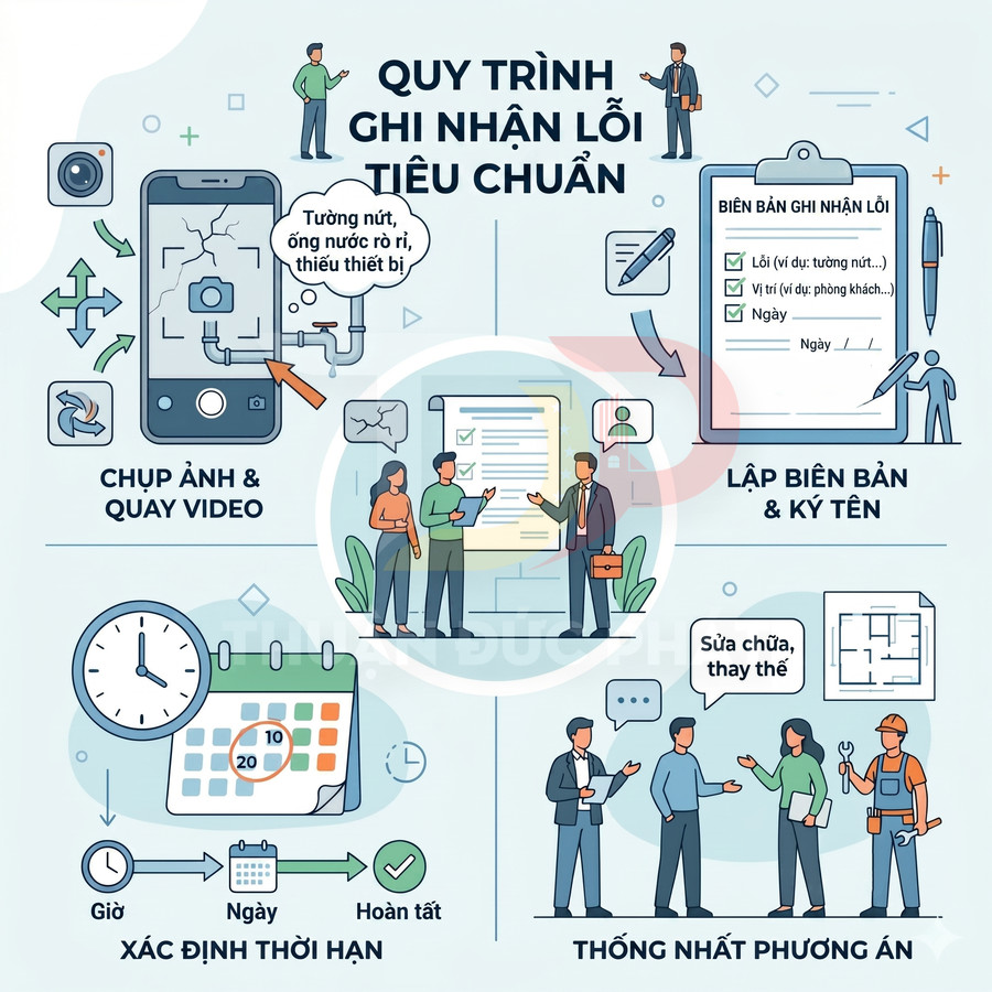 Quy trình ghi nhận lỗi tiêu chuẩn với minh họa chụp ảnh, lập biên bản, xác định thời hạn và thống nhất phương án sửa chữa