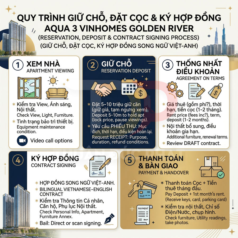 Quy trình giữ chỗ đặt cọc và ký hợp đồng thuê căn hộ Aqua 3 Vinhomes Golden River bằng infographic song ngữ