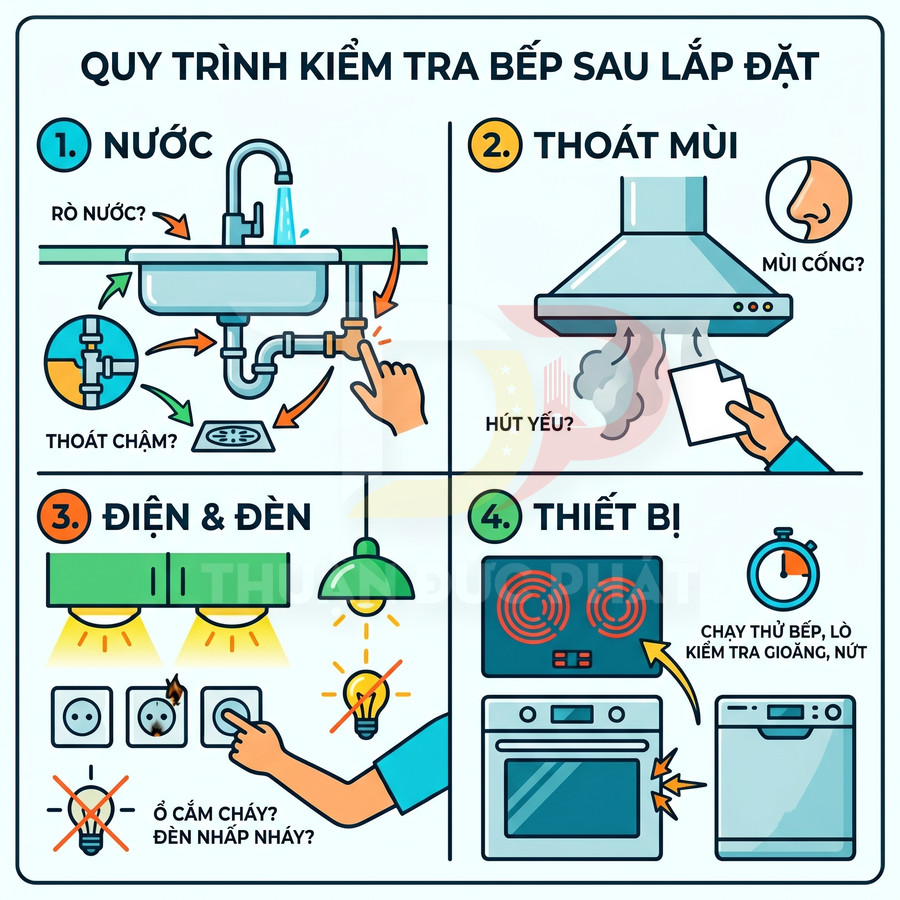 Quy trình kiểm tra bồn rửa, máy hút mùi, hệ thống điện đèn và thiết bị bếp sau khi lắp đặt
