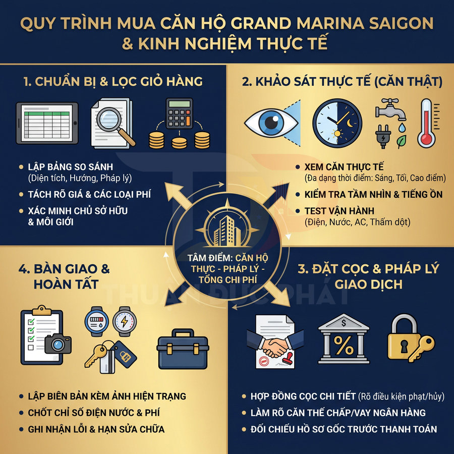 Infographic quy trình mua căn hộ Grand Marina Saigon với các bước chuẩn bị, khảo sát, đặt cọc pháp lý và bàn giao căn hộ