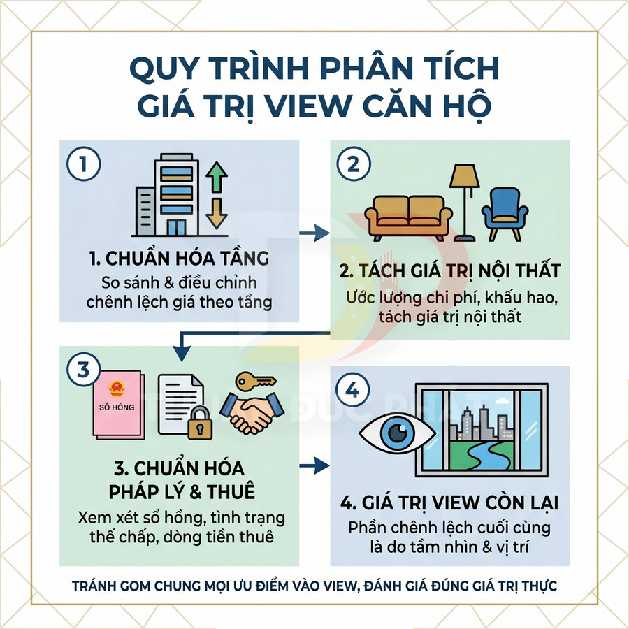 Quy trình phân tích giá trị view căn hộ với 4 bước chuẩn hóa tầng, nội thất, pháp lý và giá trị tầm nhìn