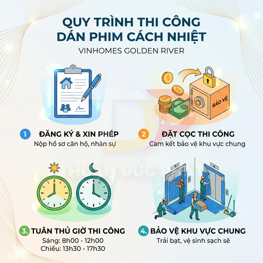Quy trình thi công dán phim cách nhiệt Vinhomes Golden River với 4 bước minh họa rõ ràng