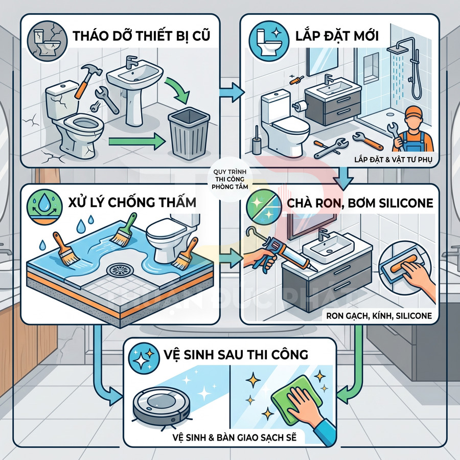 Quy trình thi công phòng tắm trọn gói gồm tháo dỡ thiết bị cũ, lắp đặt mới, chống thấm, chà ron và vệ sinh sạch sẽ