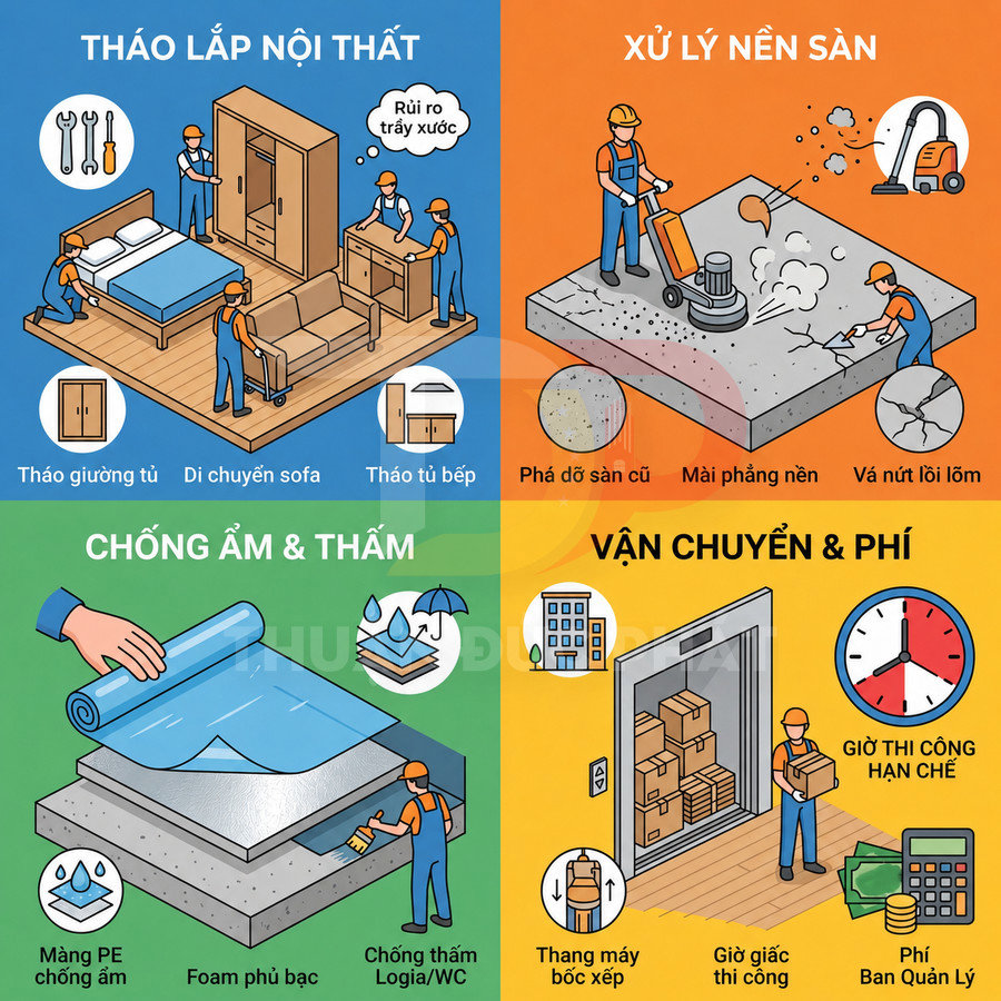 Quy trình thi công sàn gồm tháo lắp nội thất, xử lý nền, chống ẩm thấm và vận chuyển tính phí