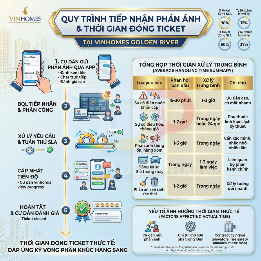 Quy trình tiếp nhận phản ánh và thời gian xử lý ticket dịch vụ cư dân tại Vinhomes Golden River