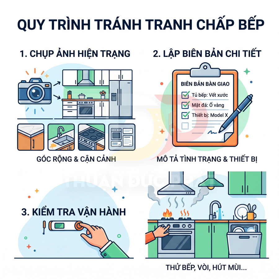 Quy trình kiểm tra và bàn giao bếp, chụp ảnh hiện trạng, lập biên bản và thử vận hành thiết bị