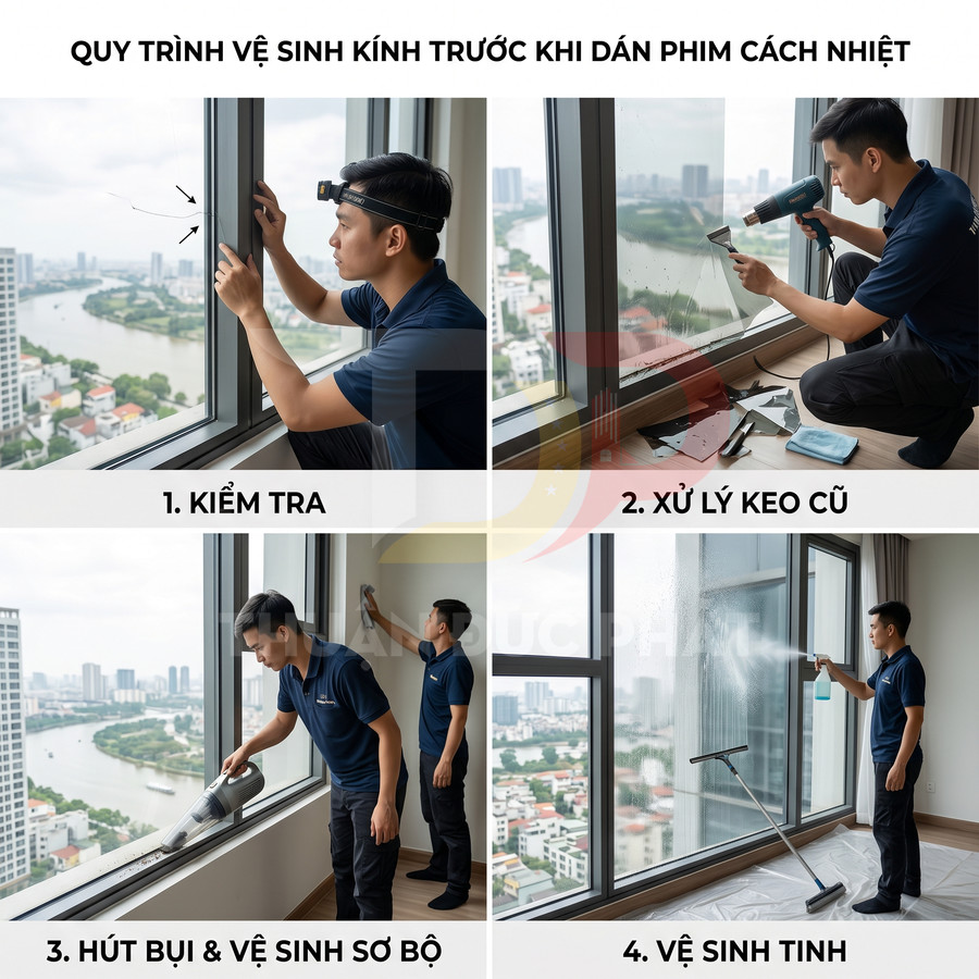 Kỹ thuật viên vệ sinh và xử lý kính cửa sổ chung cư trước khi dán phim cách nhiệt