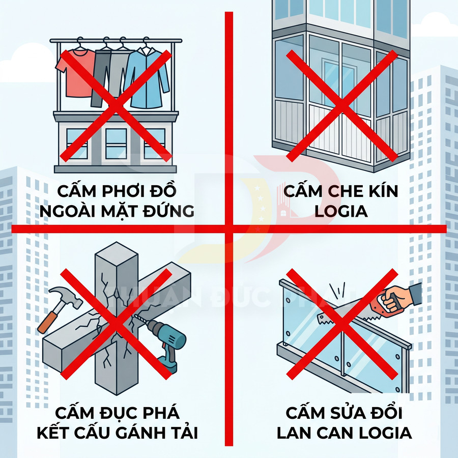 Biển hướng dẫn chung cư với các biểu tượng cấm phơi đồ, che kín logia, đục phá kết cấu và sửa đổi lan can
