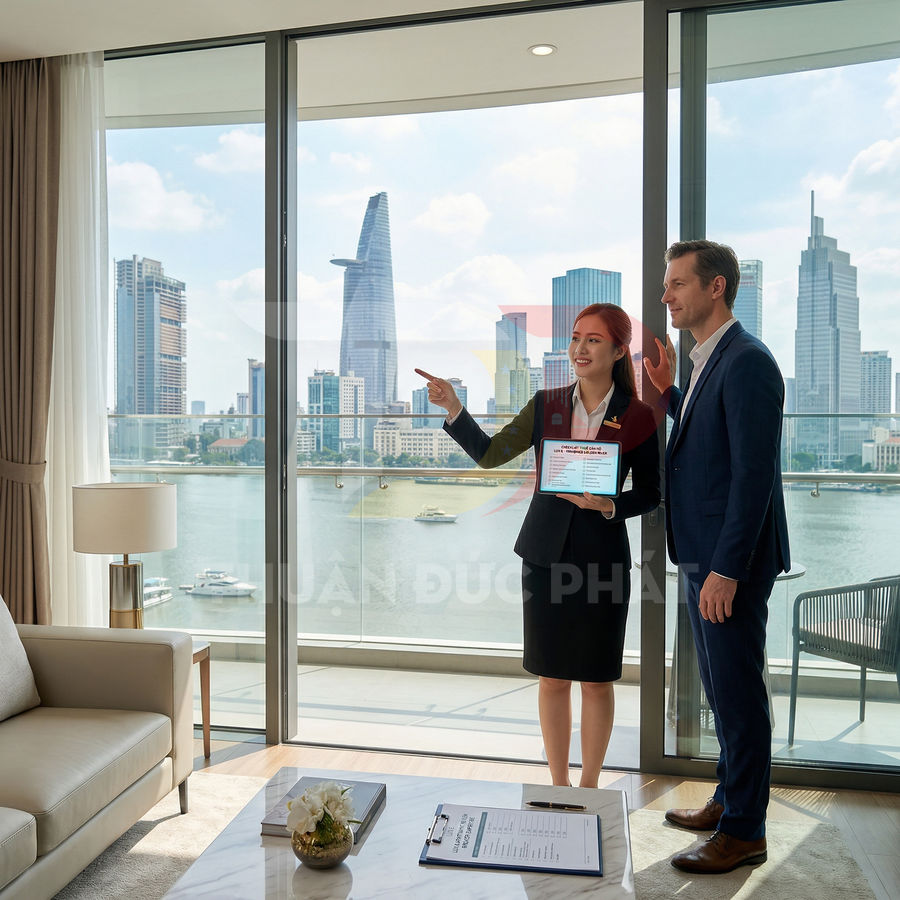 Nhân viên môi giới giới thiệu căn hộ cao cấp view sông và trung tâm thành phố cho khách nước ngoài