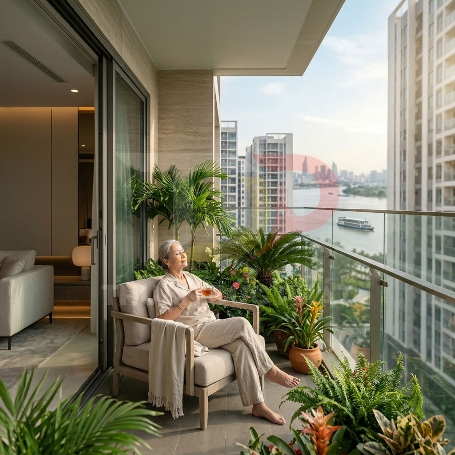 Ban công chung cư cao cấp với ghế thư giãn và nhiều chậu cây xanh nhìn ra sông và thành phố