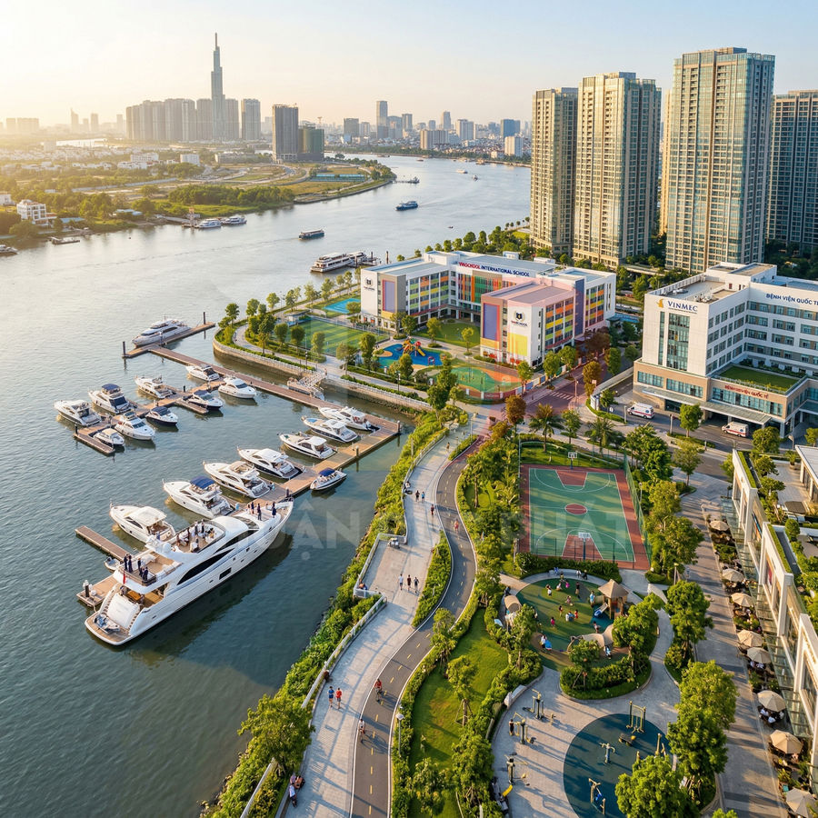 Bến du thuyền sang trọng cạnh khu căn hộ cao tầng và công viên ven sông hiện đại