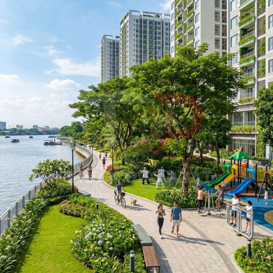 Khu căn hộ cao cấp ven sông với công viên cây xanh, đường dạo bộ, sân chơi trẻ em và khu tập thể dục ngoài trời
