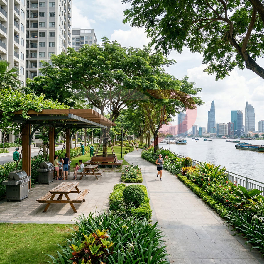 Công viên ven sông với lối đi bộ, khu ghế gỗ dã ngoại và chung cư cao tầng hiện đại bên cạnh