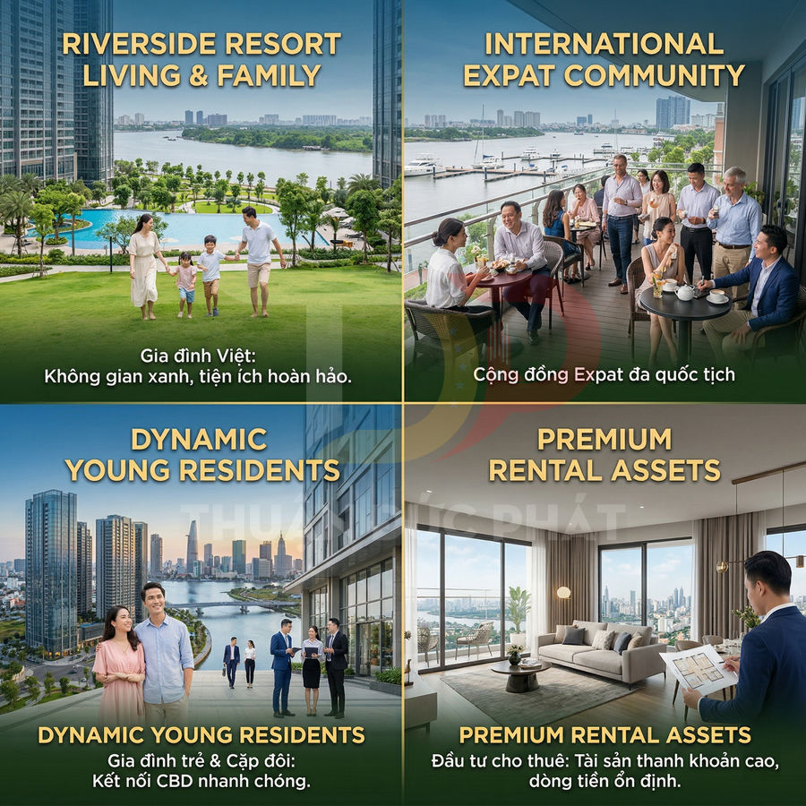 Hình ảnh quảng cáo căn hộ cao cấp ven sông với tiện ích cho gia đình trẻ và cộng đồng cư dân quốc tế