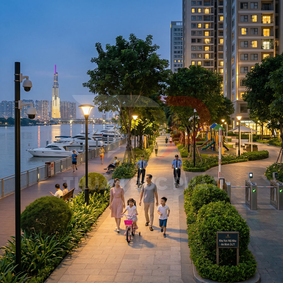 Gia đình dạo bộ trên lối đi ven sông cạnh bến du thuyền và khu căn hộ cao cấp buổi tối