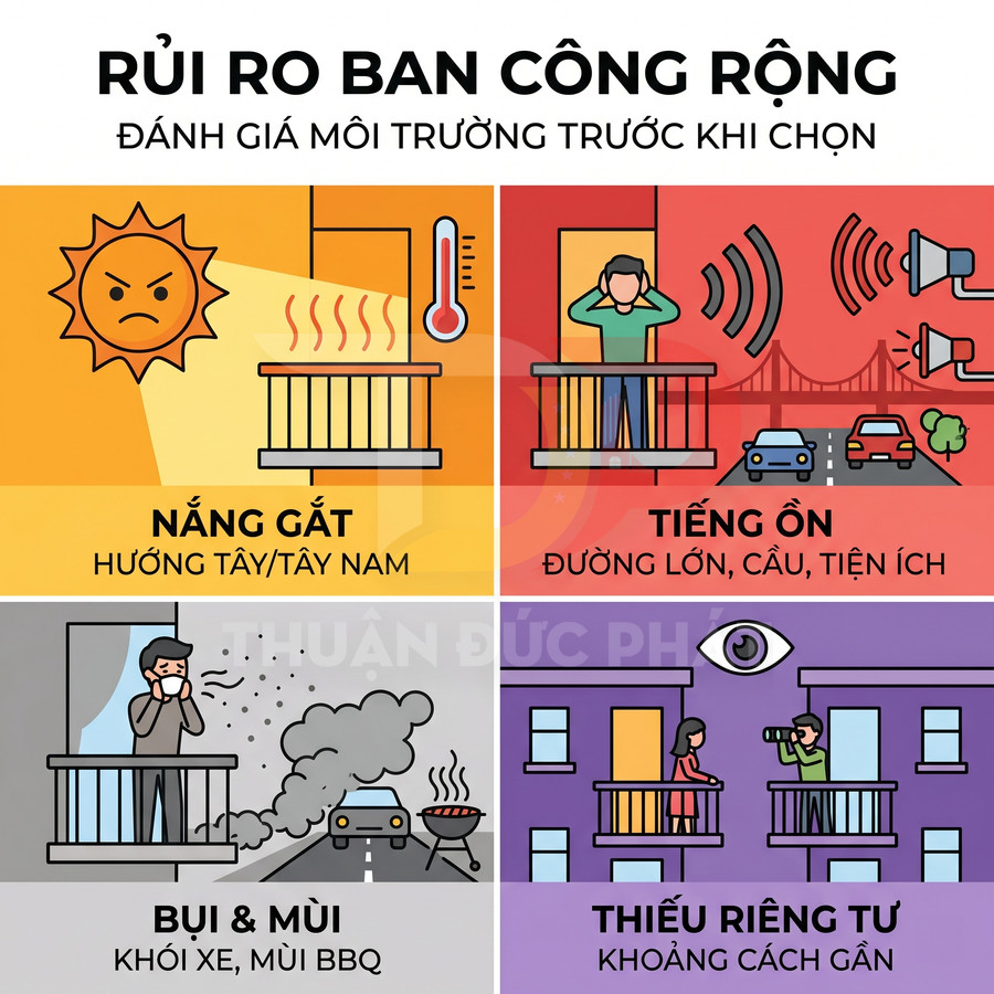 Minh họa các rủi ro khi chọn ban công rộng như nắng gắt, tiếng ồn, bụi mùi và thiếu riêng tư trong khu căn hộ