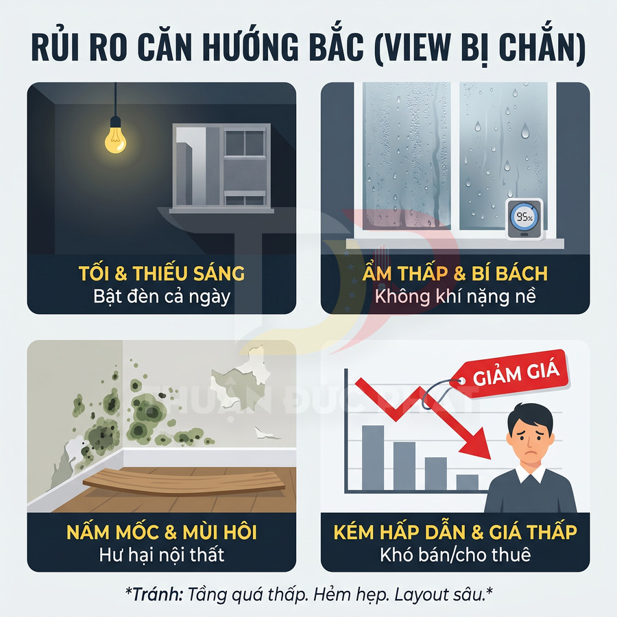 Infographic rủi ro căn hộ hướng Bắc: thiếu sáng, ẩm thấp, nấm mốc, giá trị giảm khi bán hoặc cho thuê